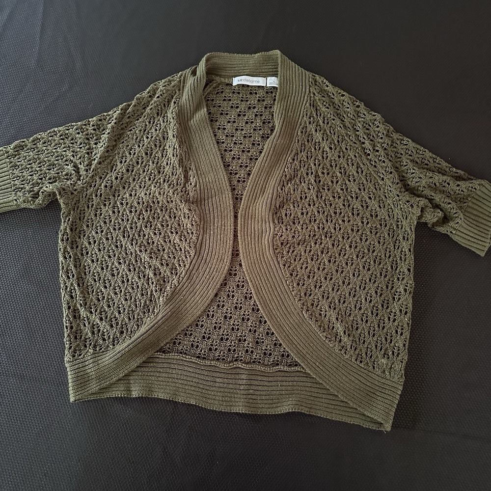 Liz Claiborne Cardigan Womens Large Olive Green Crochet Short Sleeve Open Front